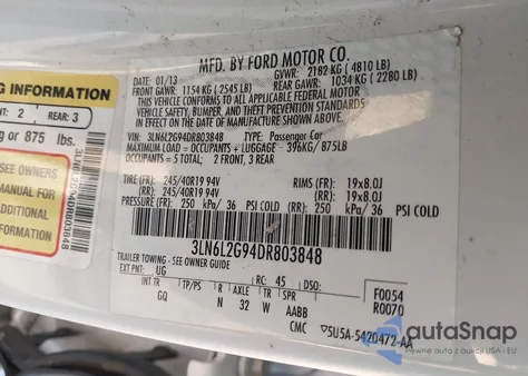 2013 Lincoln Mkz из США, поврежденный, VIN 3LN6L2G94DR803848